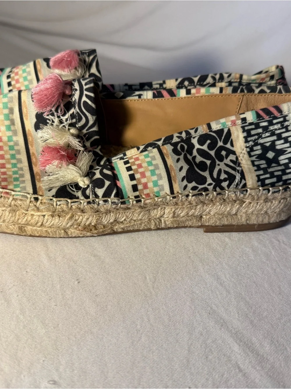 Crown Vintage Multicolor Patterned Espadrille Flats with Pink & Cream Tassels